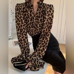 Elegant Long Sleeve Savage Luxe Leopard Ruffle Blouse